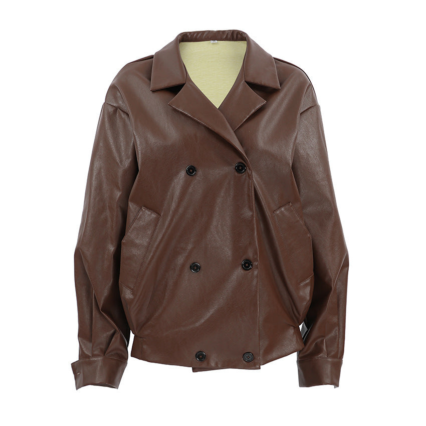 Women's Elegant Suit Collar Loose Leather Coat